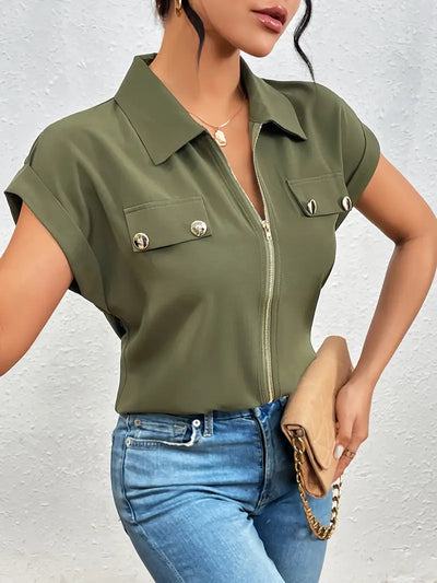 Alfano – Elegante Kurzarm Bluse Mit Reißverschluss