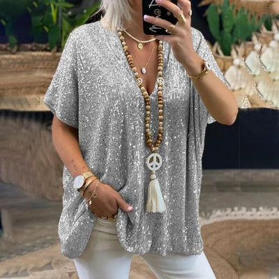 Aida - Pailletten-T-Shirt mit V-Ausschnitt