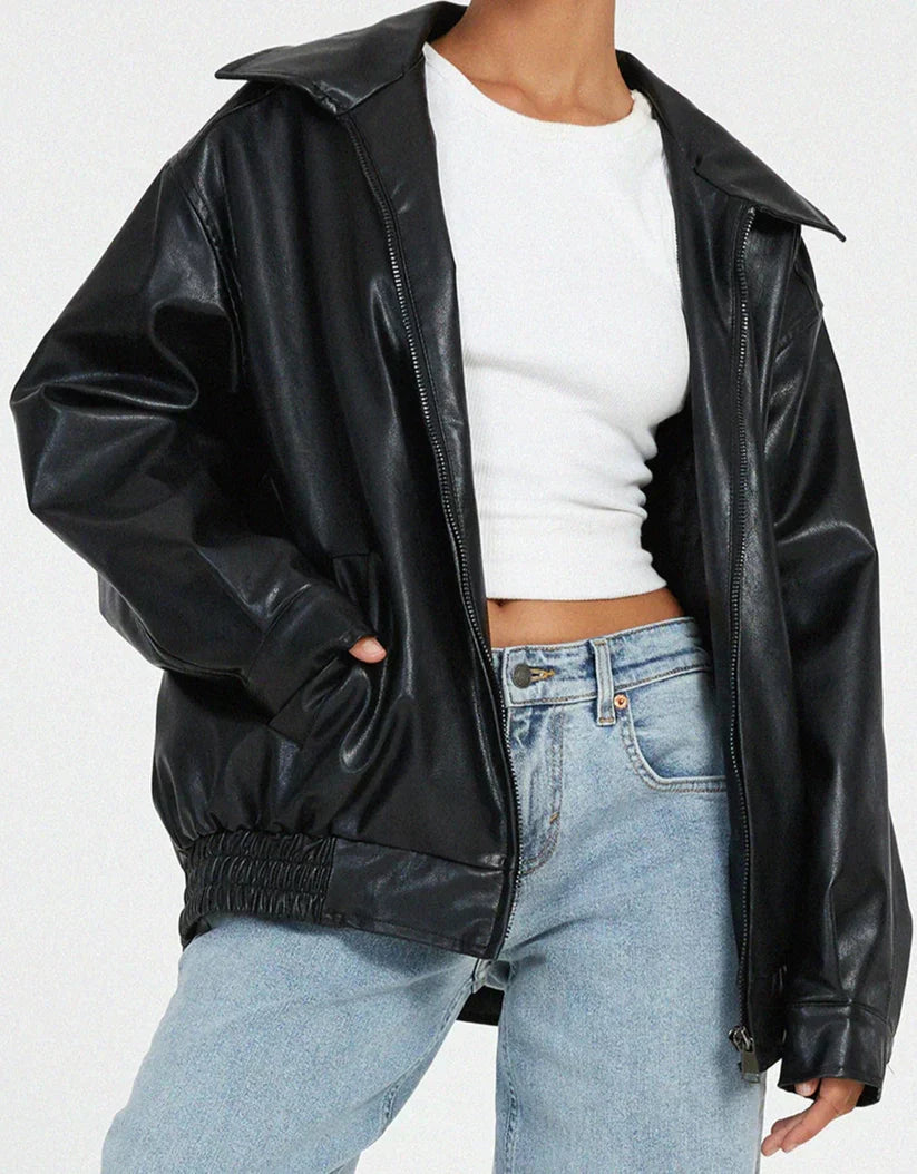 Aria - übergroß Leder Jacke mit Reißverschluss für a coolen und trendigen Blick