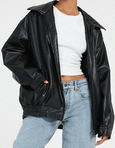 Aria - übergroß Leder Jacke mit Reißverschluss für a coolen und trendigen Blick
