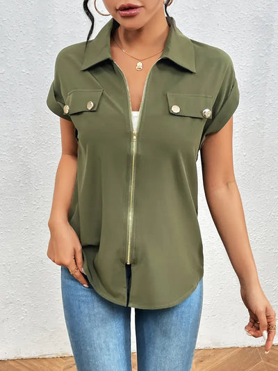 Alfano – Elegante Kurzarm Bluse Mit Reißverschluss