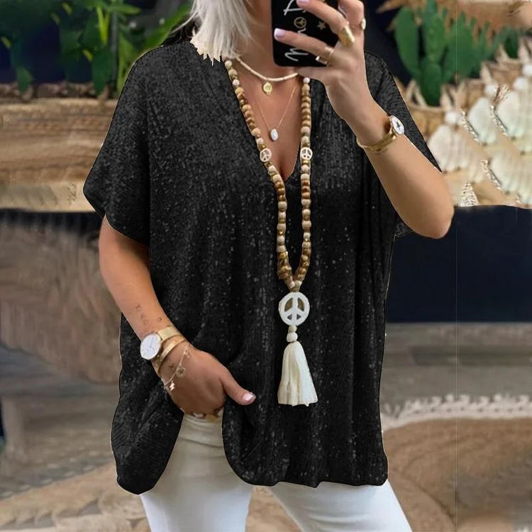 Aida - Pailletten-T-Shirt mit V-Ausschnitt