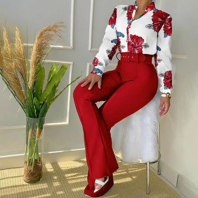 Amna - Weite Schlaghosen mit passender Bluse mit Blumenmuster