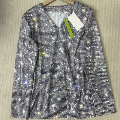 Hoya - silberfarbenes Metallic-Discoflitter-Top mit V-Ausschnitt und langen Ärmeln