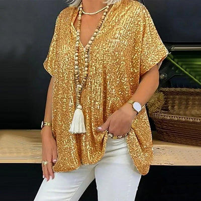 Aida - Pailletten-T-Shirt mit V-Ausschnitt