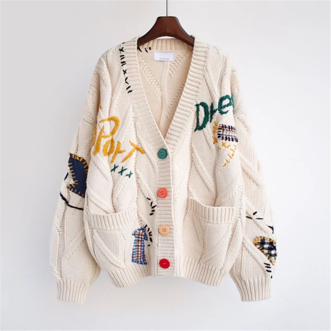 Janneta | Damen Patchwork-Stickerei  Strickjacke | Knopf Daunen