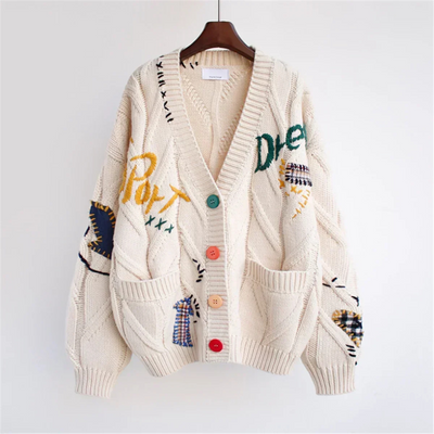 Janneta | Damen Patchwork-Stickerei  Strickjacke | Knopf Daunen