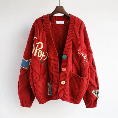 Janneta | Damen Patchwork-Stickerei  Strickjacke | Knopf Daunen