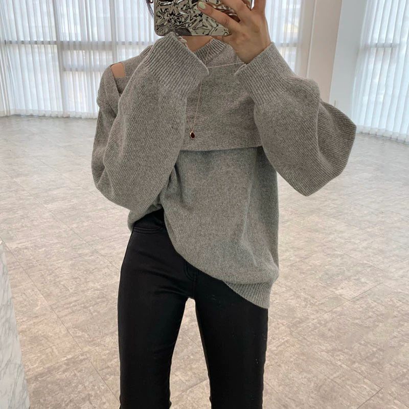 Karliena - Grauer monochromer langärmeliger Pullover