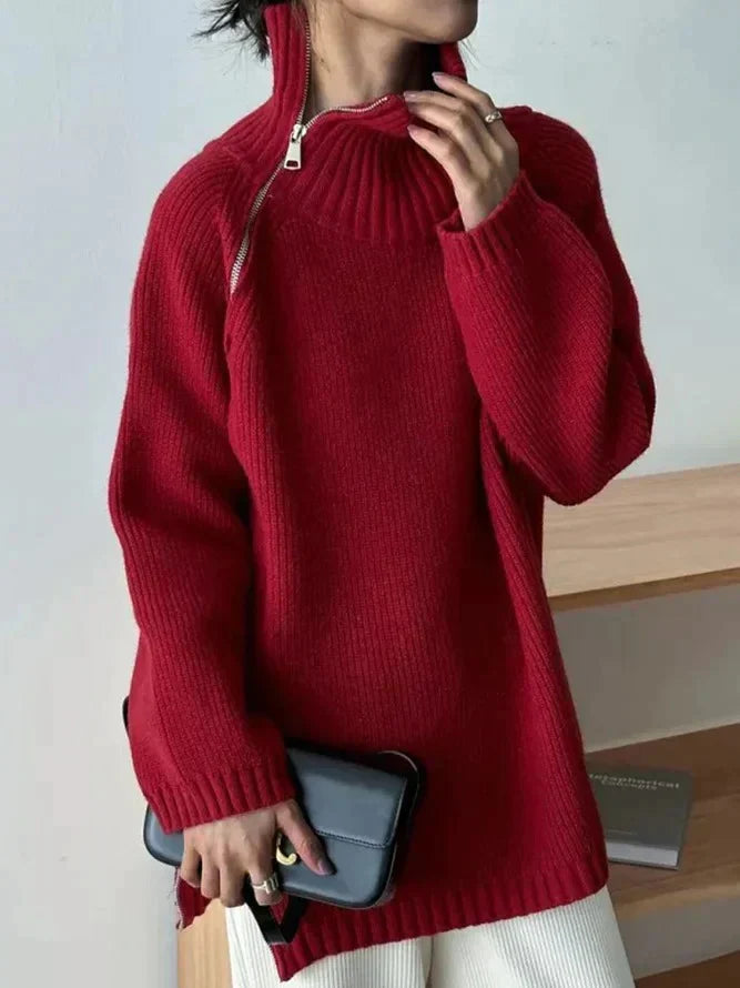 Karen - roter einfarbiger Pullover mit hohem Halsausschnitt