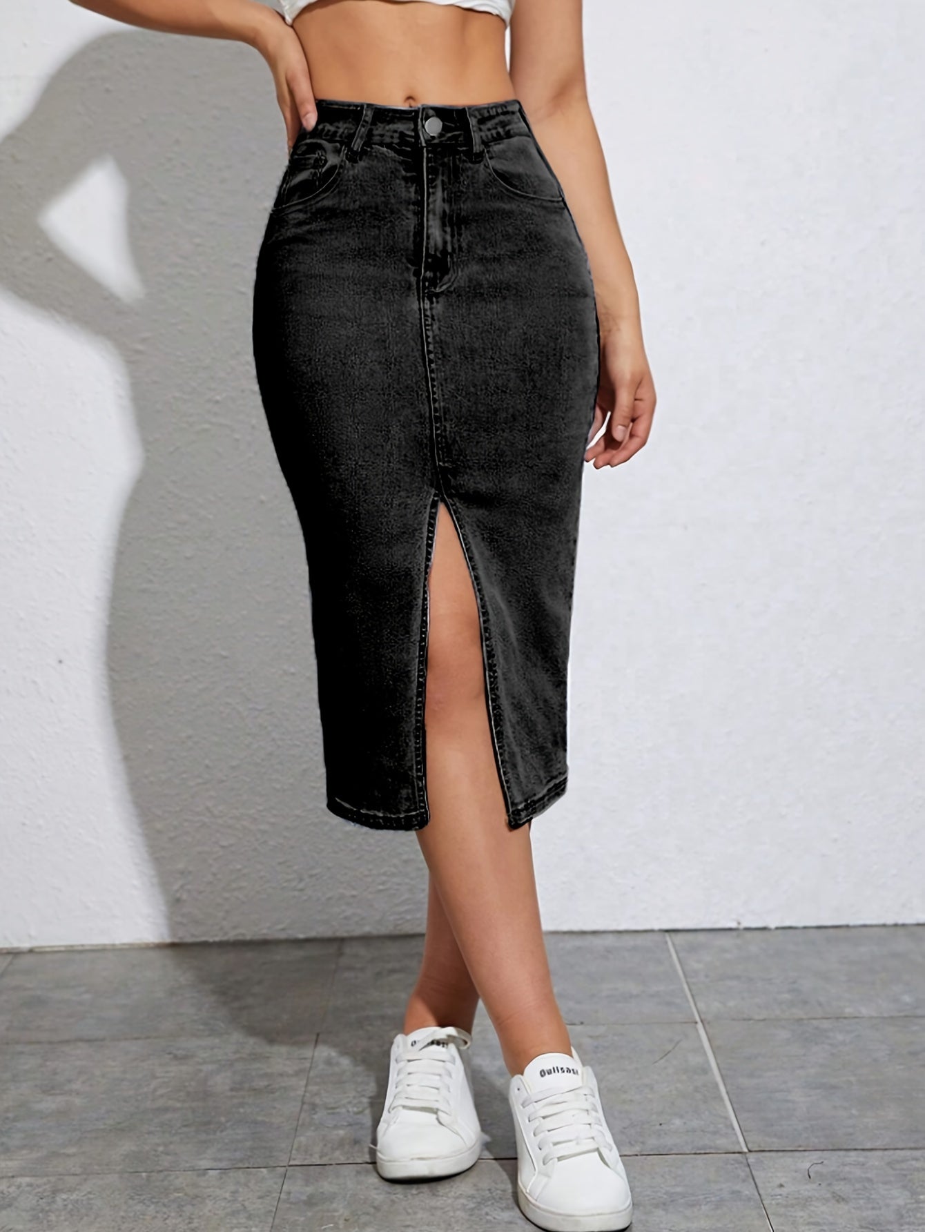 Siena elastischer Jeansrock mit hoher Taille und langem, geteiltem Jeansrock
