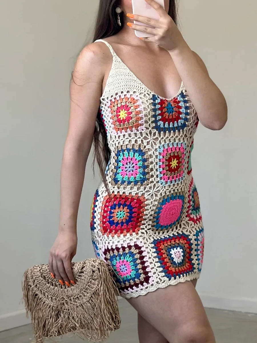 Sky - Netzstrick-Cami-Kleid mit Patchwork