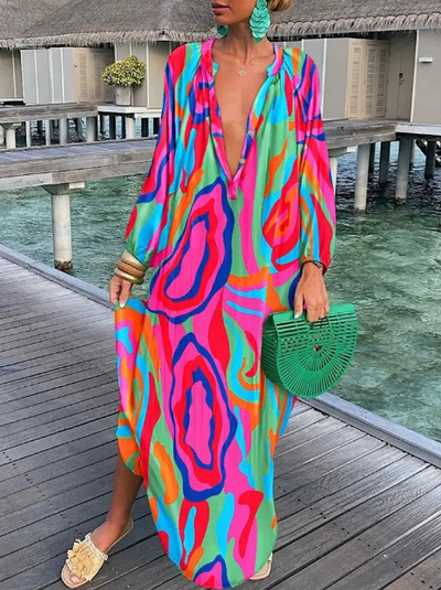 Rebecca - lockeres langärmeliges Kleid mit V-Ausschnitt Temperament & Eleganz