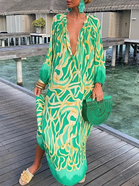 Rebecca - lockeres langärmeliges Kleid mit V-Ausschnitt Temperament & Eleganz