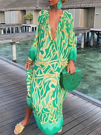Rebecca - lockeres langärmeliges Kleid mit V-Ausschnitt Temperament & Eleganz