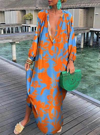 Rebecca - lockeres langärmeliges Kleid mit V-Ausschnitt Temperament & Eleganz