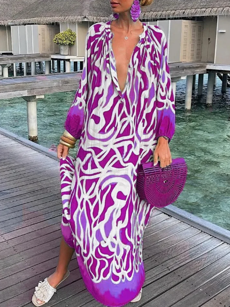 Rebecca - lockeres langärmeliges Kleid mit V-Ausschnitt Temperament & Eleganz
