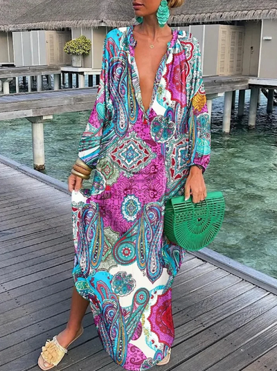 Rebecca - lockeres langärmeliges Kleid mit V-Ausschnitt Temperament & Eleganz