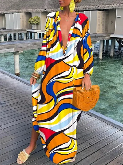 Rebecca - lockeres langärmeliges Kleid mit V-Ausschnitt Temperament & Eleganz