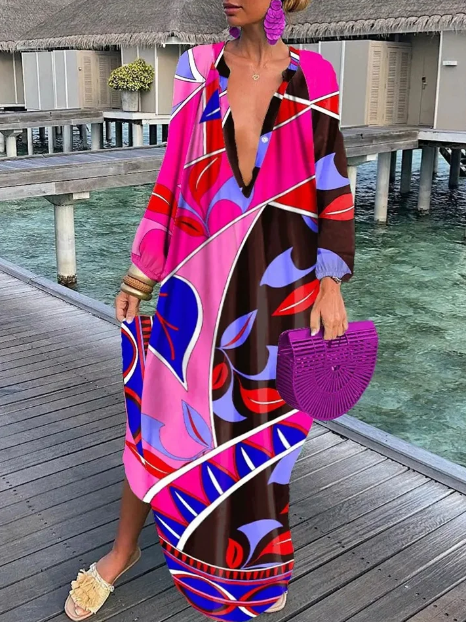 Rebecca - lockeres langärmeliges Kleid mit V-Ausschnitt Temperament & Eleganz