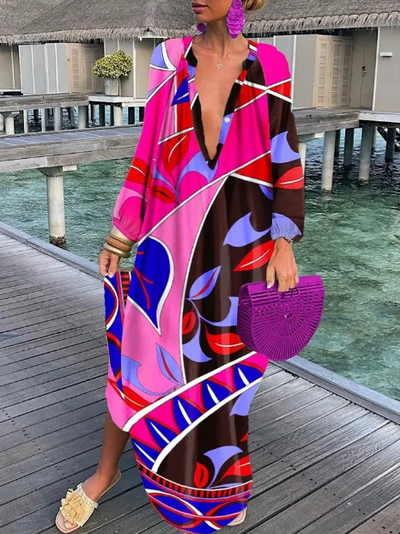 Rebecca - lockeres langärmeliges Kleid mit V-Ausschnitt Temperament & Eleganz