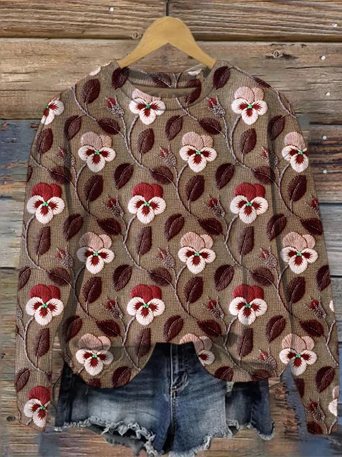 Koralle - lässig Damen Sweatshirt mit Grafik floralem Blatt Druck und Stickerei