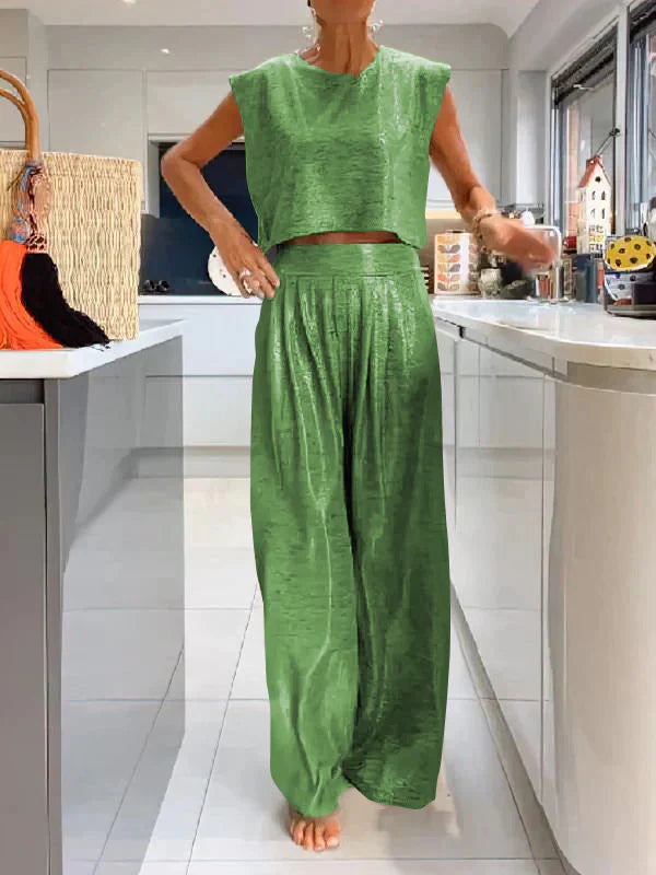 Olive - zweiteilige glänzende Weste und weite Hose für Frauen
