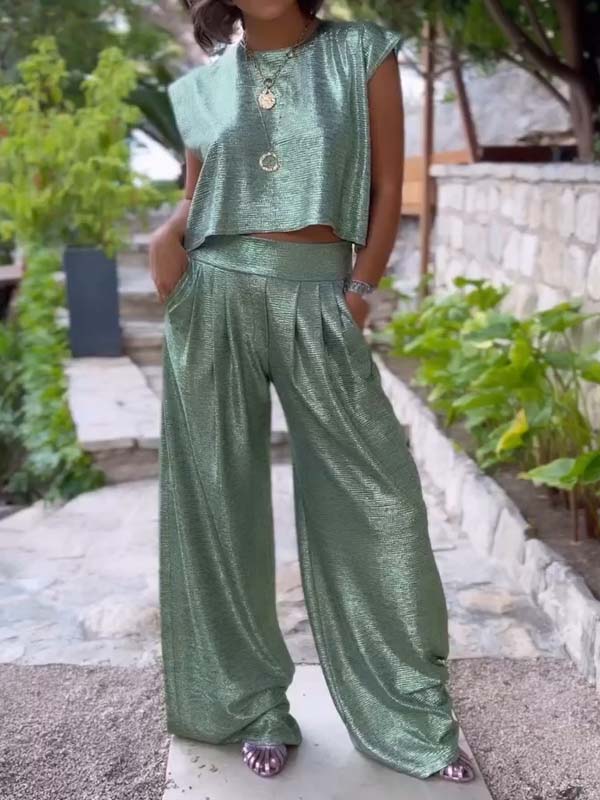 Olive - zweiteilige glänzende Weste und weite Hose für Frauen