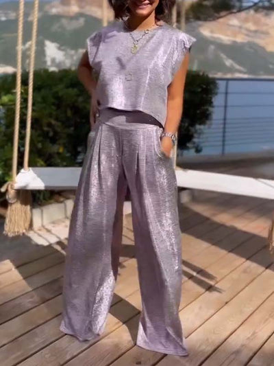 Olive - zweiteilige glänzende Weste und weite Hose für Frauen