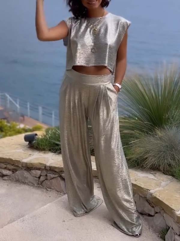 Olive - zweiteilige glänzende Weste und weite Hose für Frauen