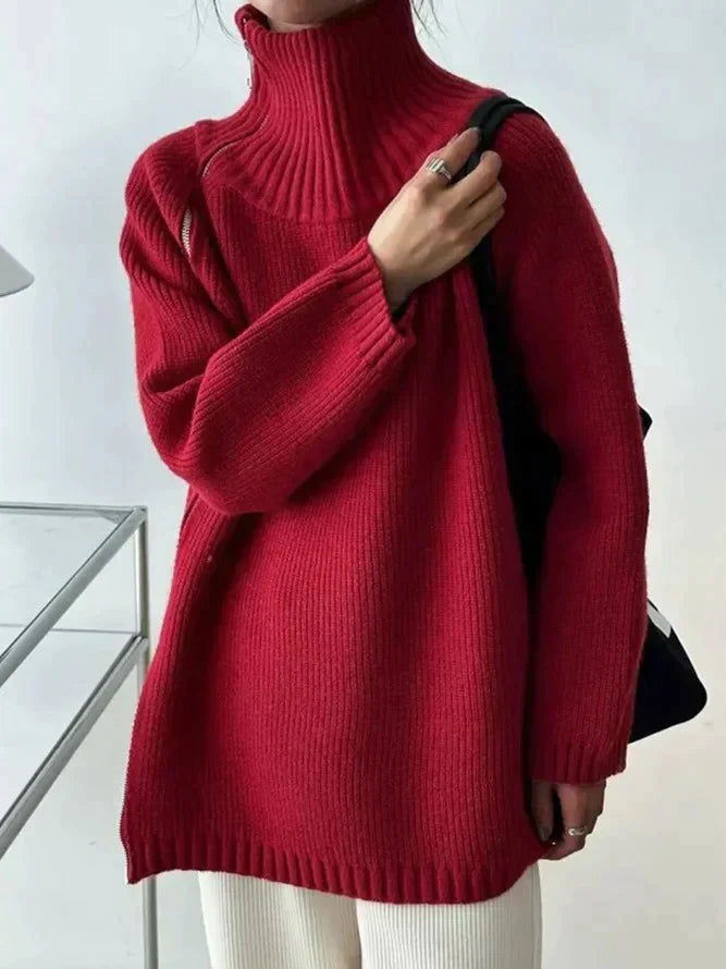 Karen - roter einfarbiger Pullover mit hohem Halsausschnitt