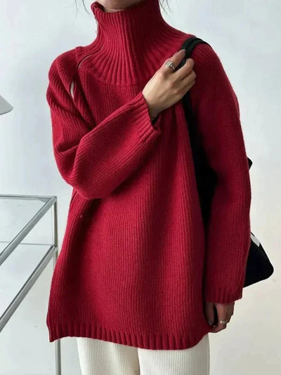 Karen - roter einfarbiger Pullover mit hohem Halsausschnitt