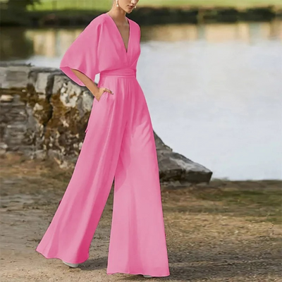 Ayla - eleganter kastanienbrauner Jumpsuit mit V-Ausschnitt und lockerer Hose