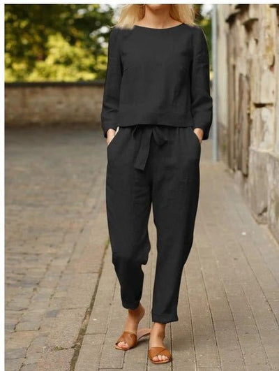 Zweiteiliges Damen Outfit mit Rundhals-Shirt & Hose mit Gummibund – Nia