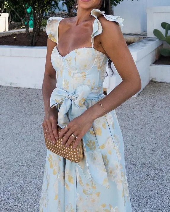 Jessica - Kleid mit Schleife in der Taille und bedruckten Schmetterlingsärmeln