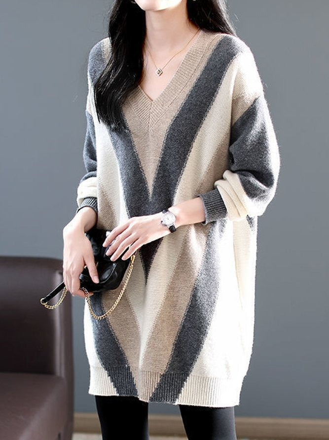 Riya - Brauner langärmeliger Pullover mit V-Ausschnitt