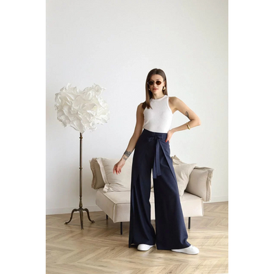Stacein | Damen Lässige Weitem Bein Hose | Krawatte vorne