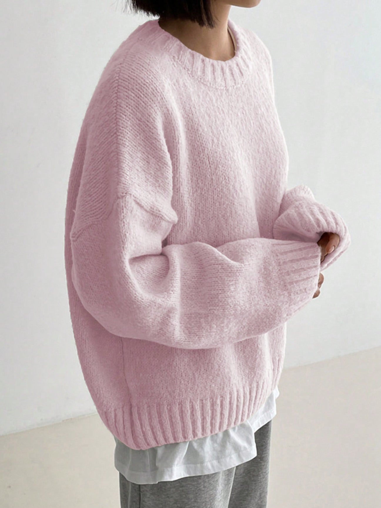 Pearlie -Rosa einfarbig Langarm Pullover mit Rundhalsausschnitt