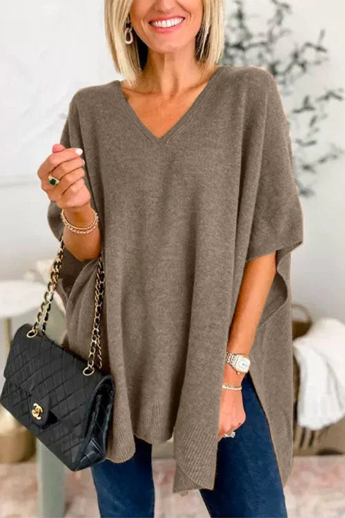 Ruby - schlichter Poncho-Pullover mit V-Ausschnitt, elegante, lockere Passform