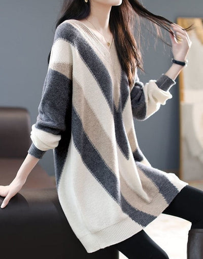 Riya - Brauner langärmeliger Pullover mit V-Ausschnitt