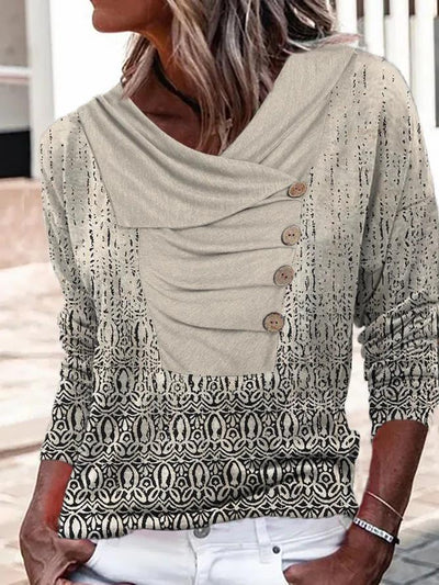 Ashlyne - Asymmetrisches Oberteil mit abstraktem Muster in Schwarz und cremefarbenem Heidekraut