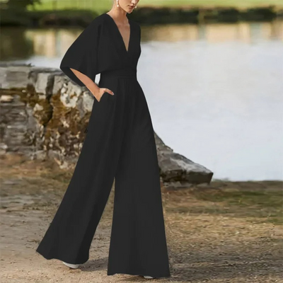 Ayla - eleganter kastanienbrauner Jumpsuit mit V-Ausschnitt und lockerer Hose