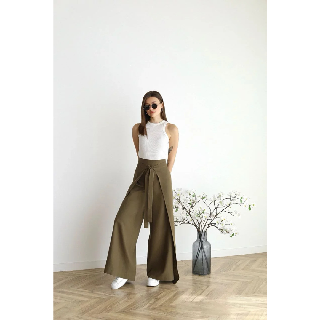 Stacein | Damen Lässige Weitem Bein Hose | Krawatte vorne