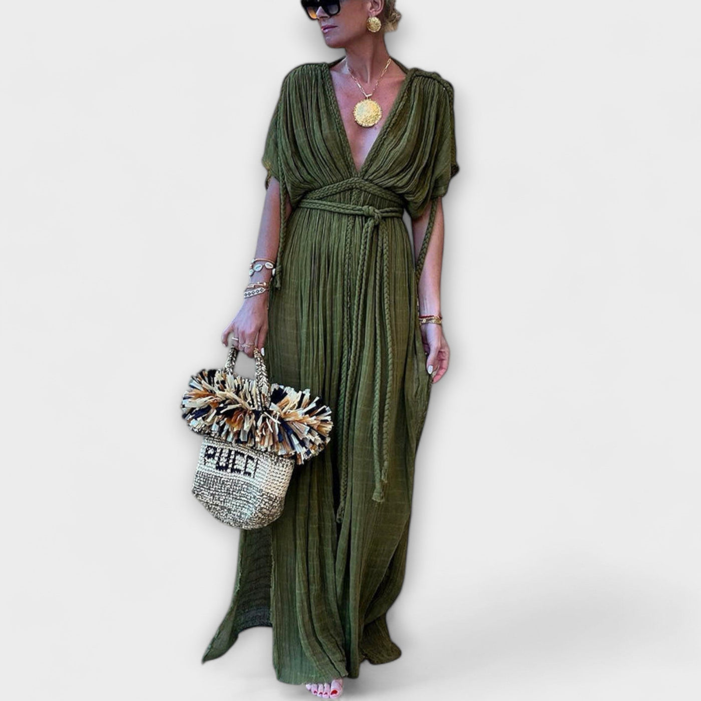 Beata Griechisches Kimono-Maxikleid Damen – Elegantes Wickeldesign mit Hohem Taillenschnitt