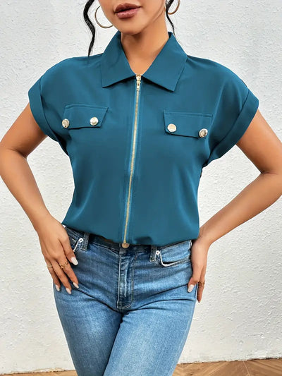 Alfano – Elegante Kurzarm Bluse Mit Reißverschluss