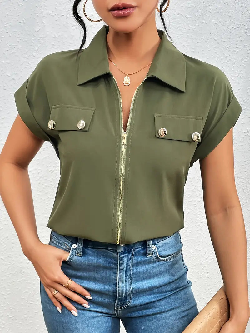 Alfano – Elegante Kurzarm Bluse Mit Reißverschluss