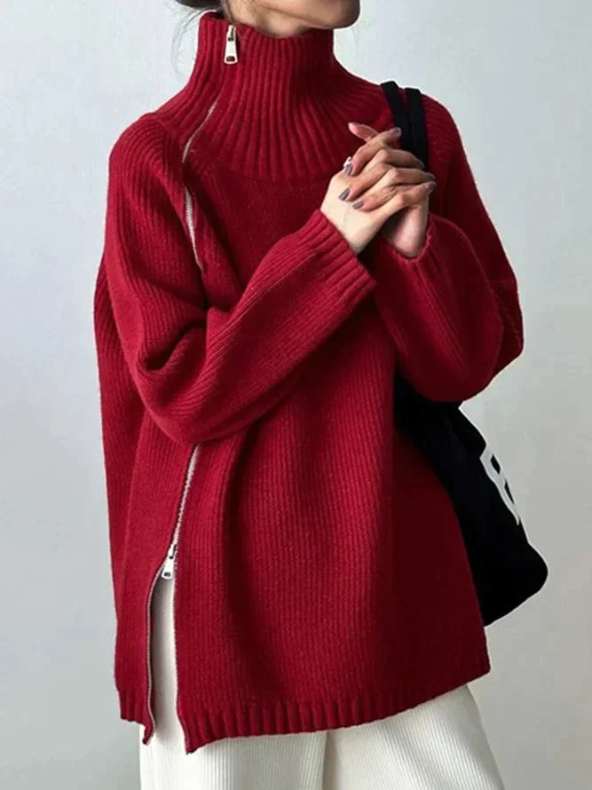 Karen - roter einfarbiger Pullover mit hohem Halsausschnitt