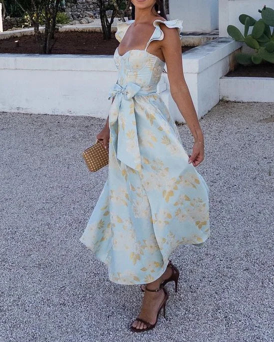 Jessica - Kleid mit Schleife in der Taille und bedruckten Schmetterlingsärmeln