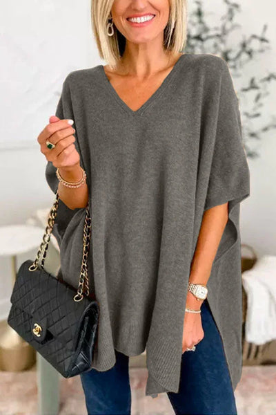 Ruby - schlichter Poncho-Pullover mit V-Ausschnitt, elegante, lockere Passform