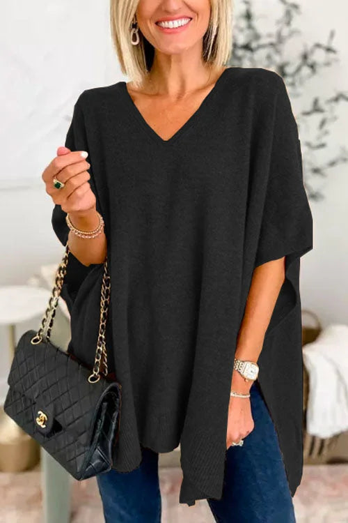 Ruby - schlichter Poncho-Pullover mit V-Ausschnitt, elegante, lockere Passform